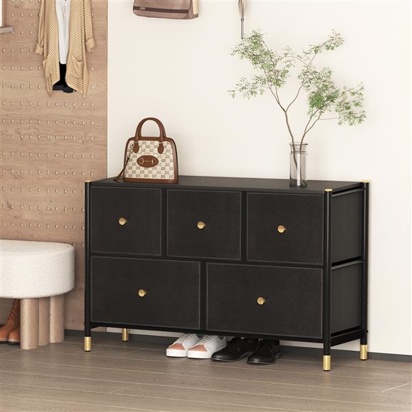 Drawer Dresser cabinet ,all Dresser with 5 PU Leather Front Drawers, Storage Tower with Fabric Bins, Double Dresser, Chest of Drawers for Closet, Living Room, Hallway, Children's Room, color:Black