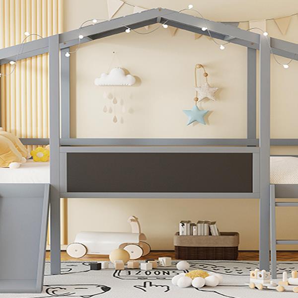 Twin Size Loft Bed with Ladder and Slide, House Bed with Blackboard and Light Strip on the Roof, Gray