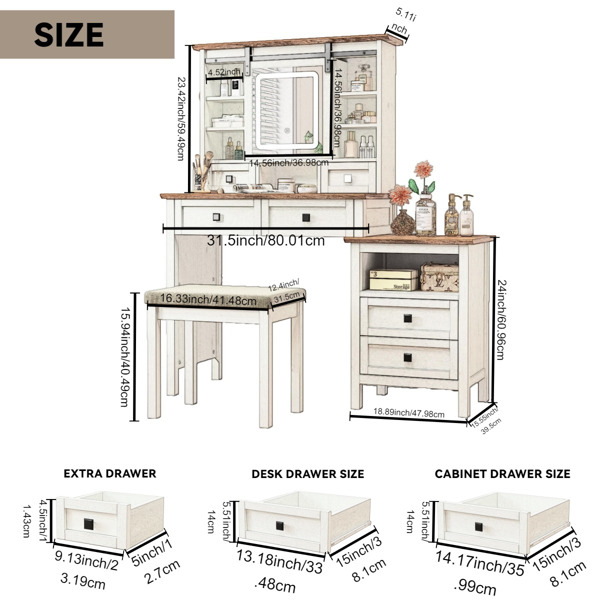 46.5'' Farmhouse Makeup Vanity Desk with Adjustible LED Lighted Mirror and Charging Station for Bedroom, Rustic Dressing Vanity Table with Side Cabinet and Cushioned Stool for Women 