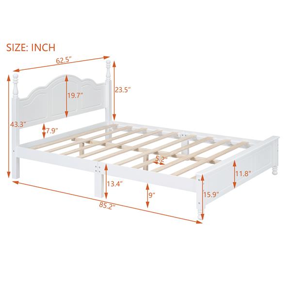 Queen Size Wood Platform Bed Frame,Retro Style Platform Bed with Wooden Slat Support,White