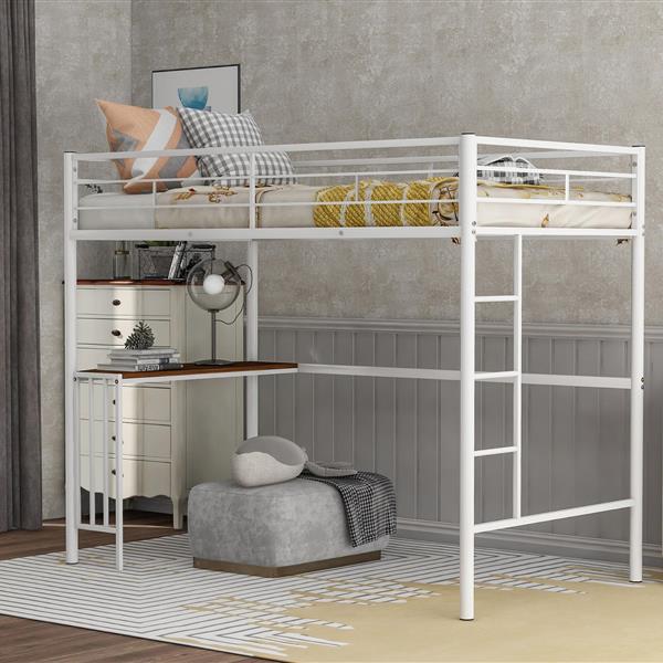 Twin Metal Loft Bed with Desk, Ladder and Guardrails, Loft Bed for Bedroom, White