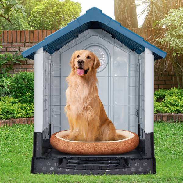 33 inch Large Plastic Dog House, Indoor Outdoor Doghouse Pet House with Air Vents and Elevated Floor, Insulated Water Resistant Puppy Shelter Kennel, Blue & White