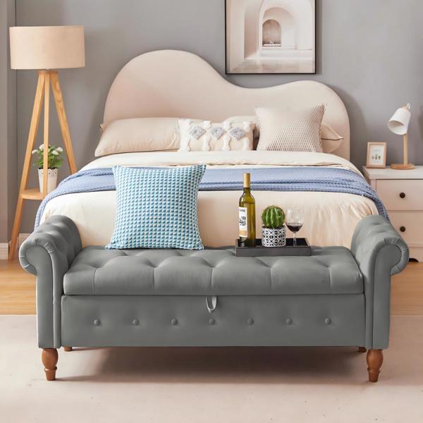 Grey, Solid Wood Legs, Velvet Bedroom End of Bed Storage Bench, Rolled Side Sofa Bench, Toy Storage Bench