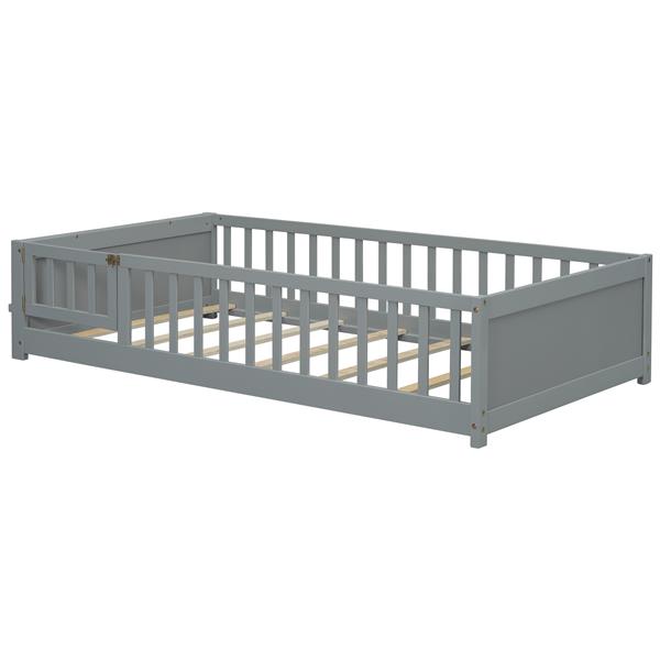 Twin size Floor Platform Bed with Built-in Book Storage Rack, Door,Grey