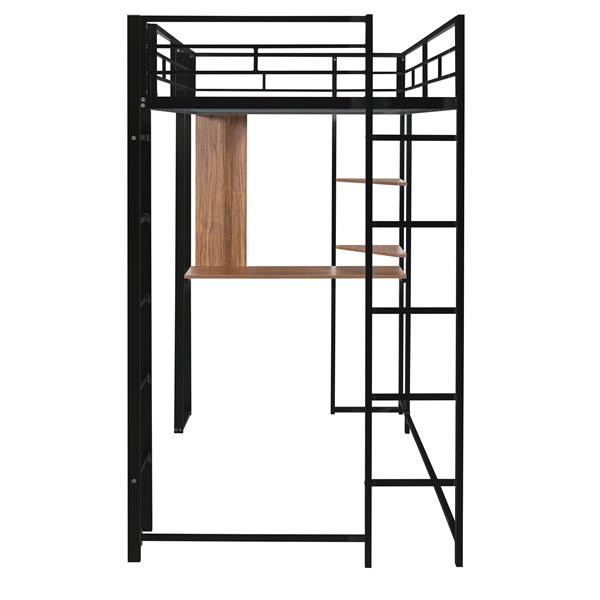 Twin Metal Loft Bed with 2 Shelves and one Desk ,BLACK