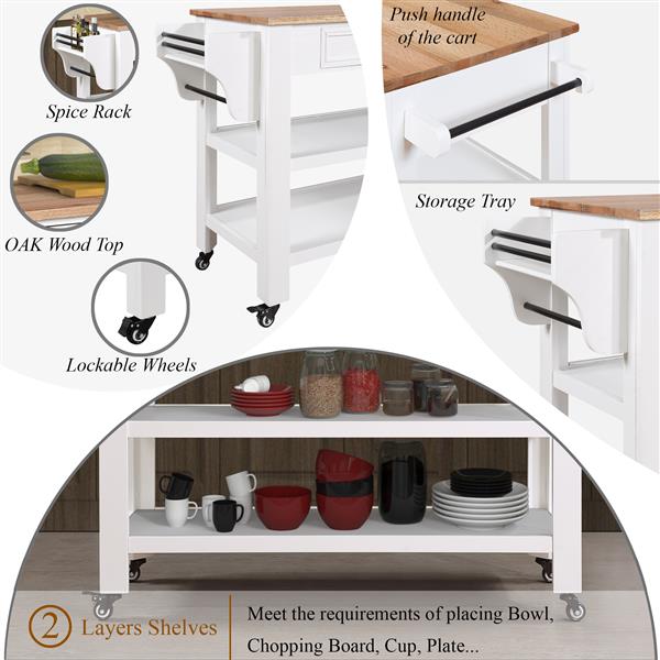 57 inch Rolling Kitchen Island with Storage,Kitchen Cart with Solid OAK Wood Top,Two-sided Kitchen island Cart on Wheels ,Wine and Spice Rack, Large Kitchen Cart with 2 Drawers, Milk White+Natural Top