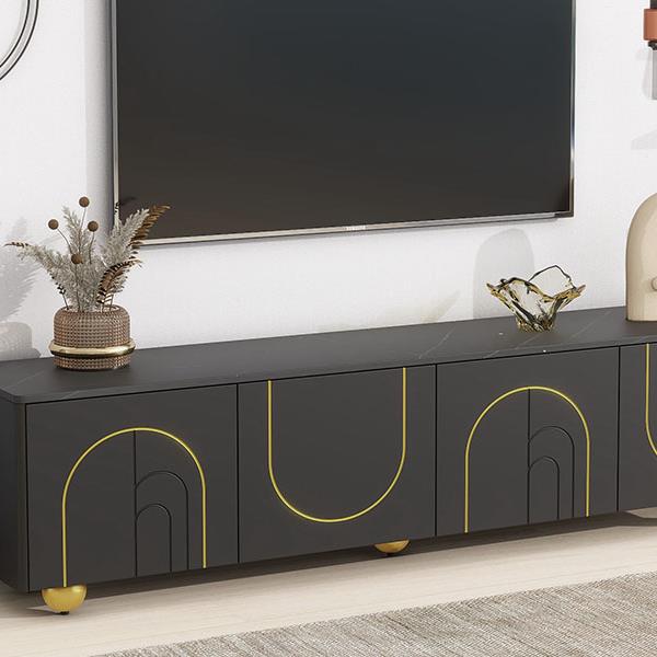 Modern TV Stand for TVs up to 75 Inches, Entertainment Center with Storage Cabinets and 1 Adjustable Shelf, Media Console with Marble-patterned Top and Golden Round Metal Legs for Living room