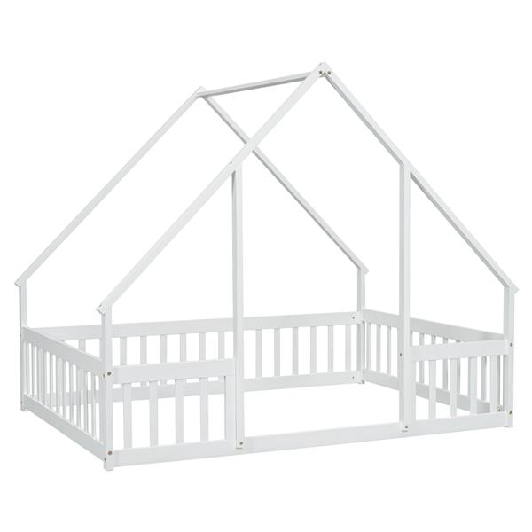 Full Wood House-Shaped Floor Bed with Fence, Guardrails,White