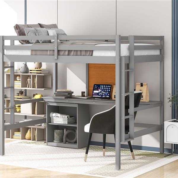 Full size Loft Bed with Desk and Writing Board, Wooden Loft Bed with Desk & 2 Drawers Cabinet- Gray