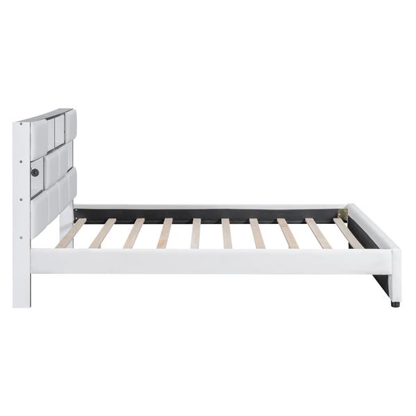 Queen Size Upholstered Platform Bed with LED, Storage and USB, Beige