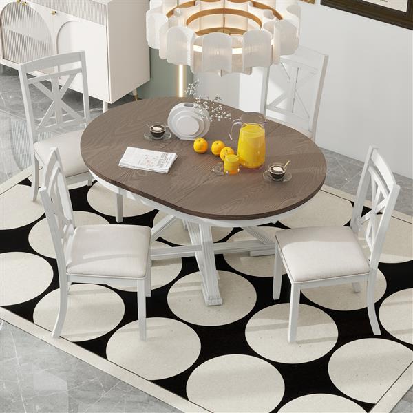 5-Piece Retro Functional Dining Table Set Extendable Round Table and 4 Upholstered Chairs for Dining Room and Living Room (Brown+Antique White)