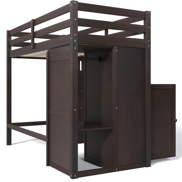 Twin Loft Bed with Wardrobe, Storage Shelves and Ladder, Espresso