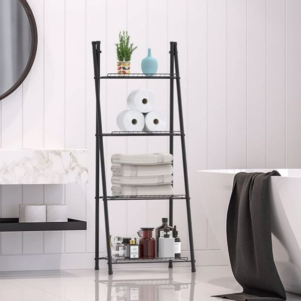 Ladder Shelf Black 4-Tier Metal Ladder Plant Stand Shelf Flower Pot Display Holder Storage Shelving for Balcony Garden Living Room Hallway