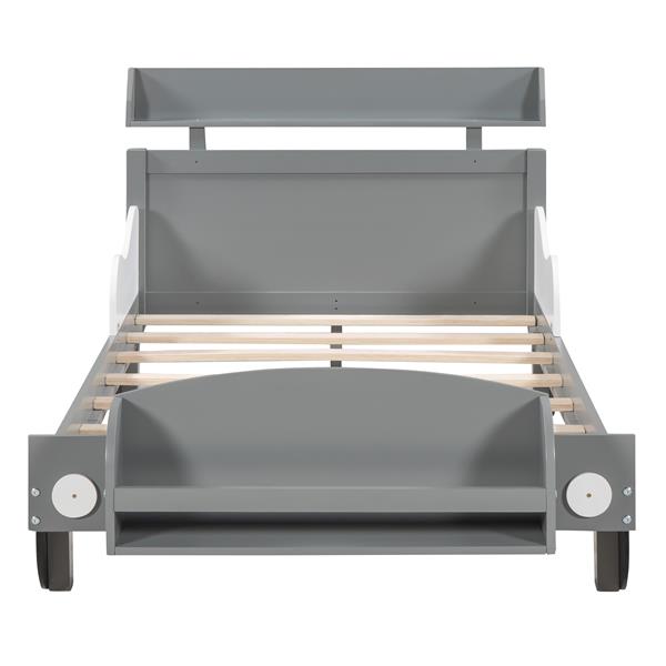 Twin Size Car-Shaped Platform Bed,Twin Bed with Storage Shelf for Bedroom,Gray