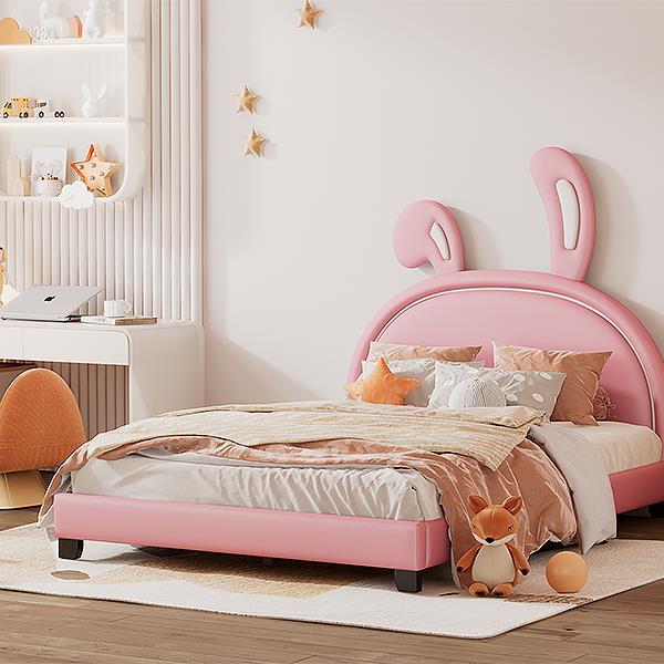 Full Size Upholstered Leather Platform Bed with Rabbit Ornament, Pink