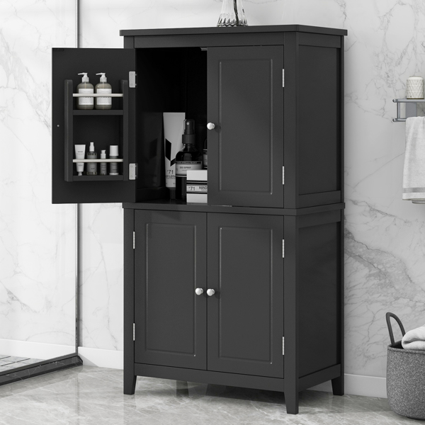 Elegant Bathroom Floor Storage Cabinet, Bathroom Storage Unit, Freestanding Cabinet with 4 Doors, Adjustable Shelves, Adaptable Shelves, Black 