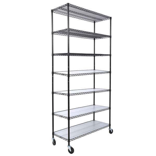 7 Tier Metal Shelf Wire Shelving Unit, 2450lbs Heavy Duty Adjustable Storage Rack with Wheels & Shelf Liners for Closet Kitchen Garage Basement Commercial Shelving - 81.5" H x 48" L x 18" D black