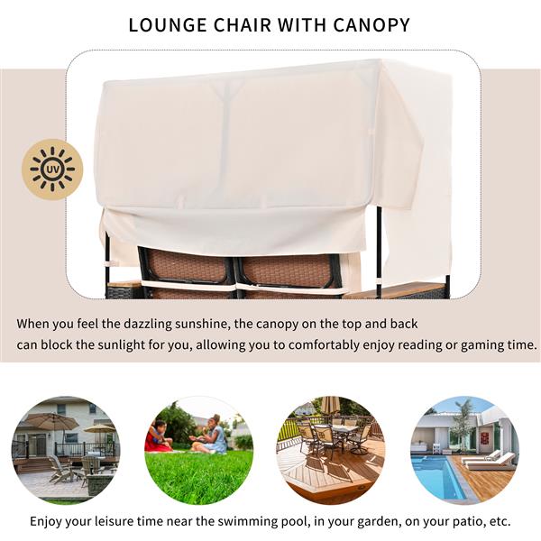 2-Piece Rattan Outdoor Patio Bench Lounge Roof Set, Effective UV Protection Fabric & Waterproof Cushions and Adjustable Backrest for Garden, Backyard and Porch (Brown Wicker + Beige Fabric)