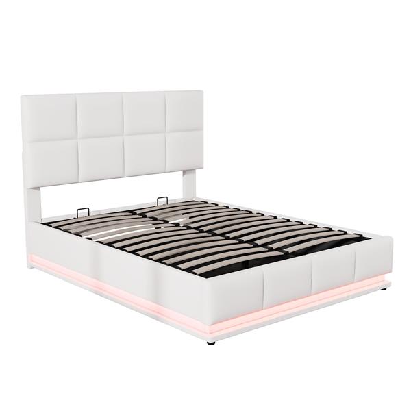 Full Size Tufted Upholstered Platform Bed with Hydraulic Storage System,PU Storage Bed with LED Lights and USB charger, White