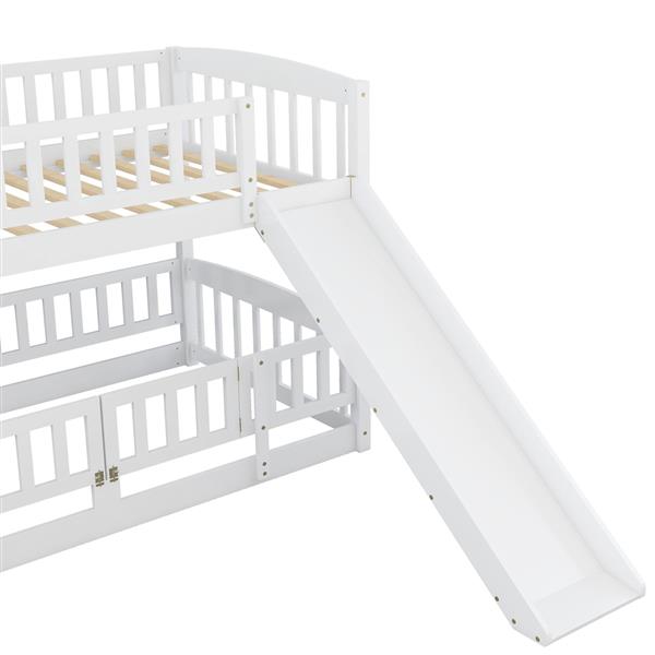 Bunk Bed with Slide,Twin Over Twin Low Bunk Bed with Fence and Ladder for Toddler Kids Teens White