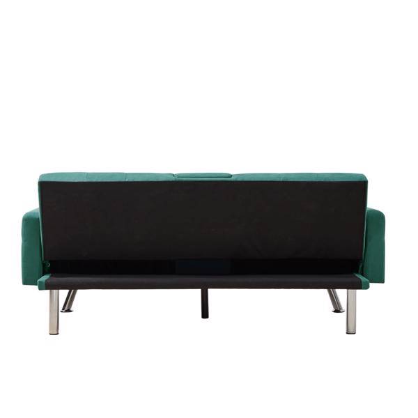 Dark Green Linen Convertible Sofa and Bed, Square Arm Armrests, Can Hold Water Cup, Two Pillow