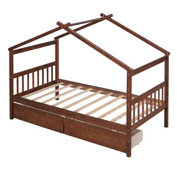 Twin Size Wooden House Bed with Drawers, Walnut