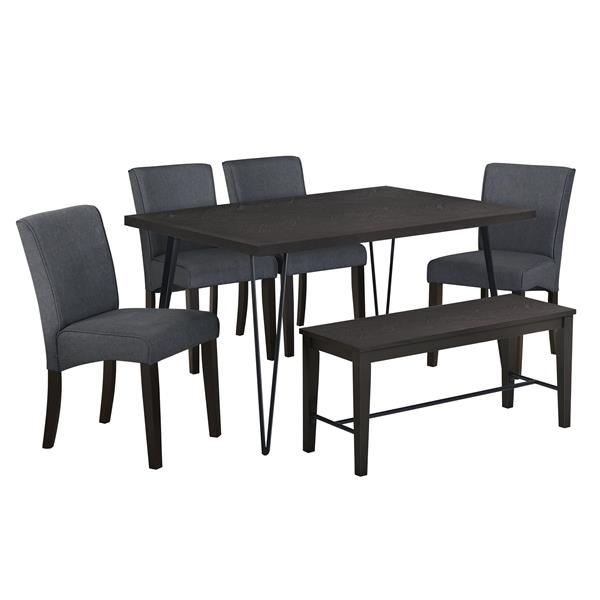 Modern 6-Piece Dining Table Set with V-Shape Metal Legs, Wood Kitchen Table Set with 4 Upholstered Chairs and Bench for 6,Espresso