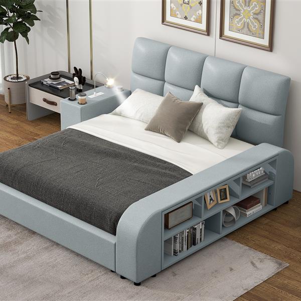 Queen Size Upholstered Platform Bed with Multimedia Nightstand and Storage Shelves, Gray