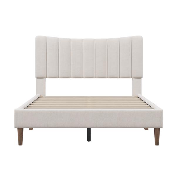 Upholstered Platform Bed Frame with Vertical Channel Tufted Headboard, No Box Spring Needed, Full, Cream