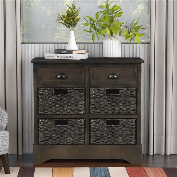 Rustic Storage Cabinet with Two Drawers and Four  Classic Rattan Basket for Dining Room/Living Room (Brown Gray)