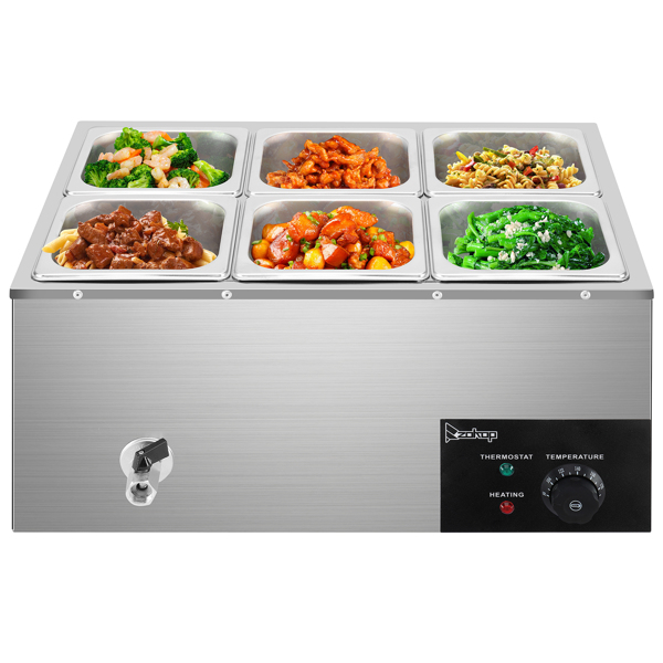 ZOKOP 110V 1200W 3L*6 Stainless Steel Small Six Plates Heating Food Warming Soup Pool Silver