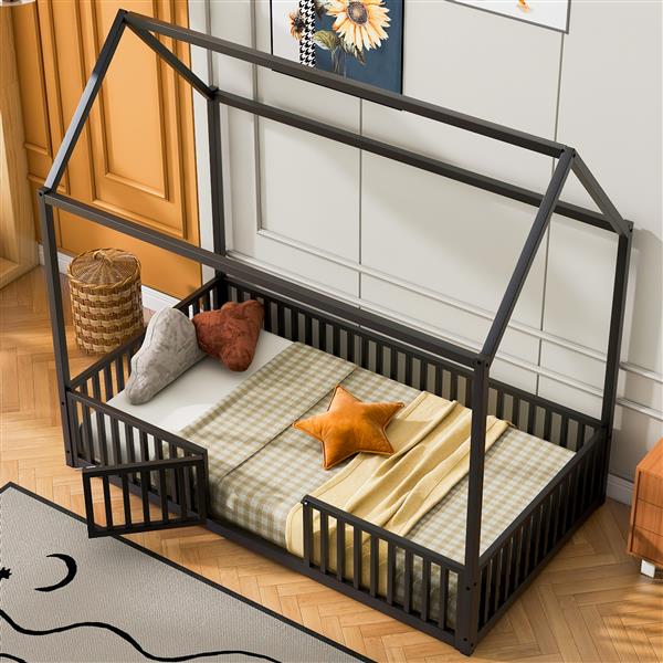 Twin Size Metal House Bed with Fence and Door, Black