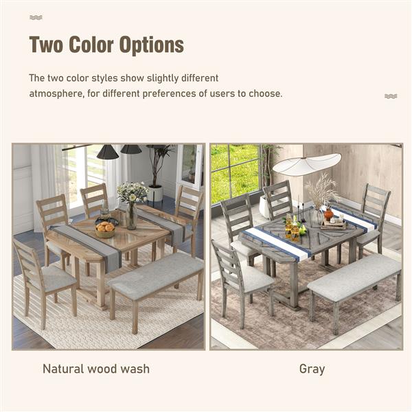 6-Piece Rubber Wood Dining Table Set with Beautiful Wood Grain Pattern Tabletop Solid Wood Veneer and Soft Cushion (Natural Wood Wash)