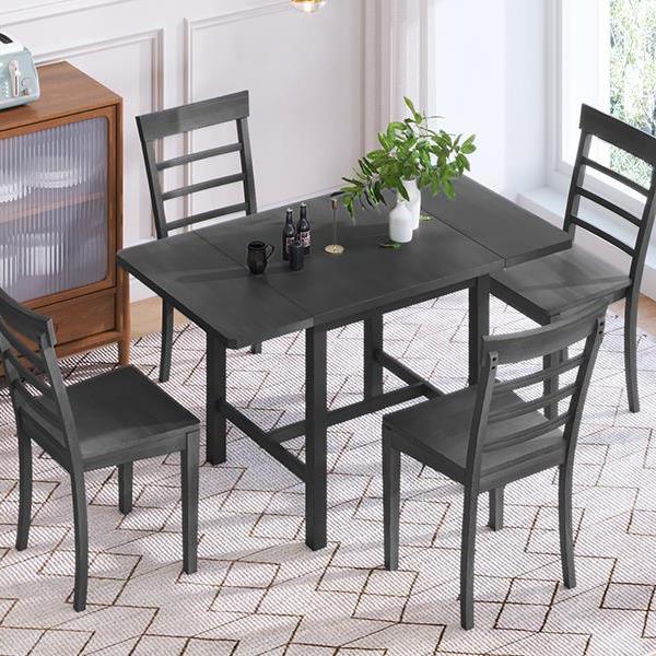 5-Piece Wood Square Drop Leaf Breakfast Nook Extendable Dining Table Set with 4 Ladder Back Chairs for Small Places, Gray