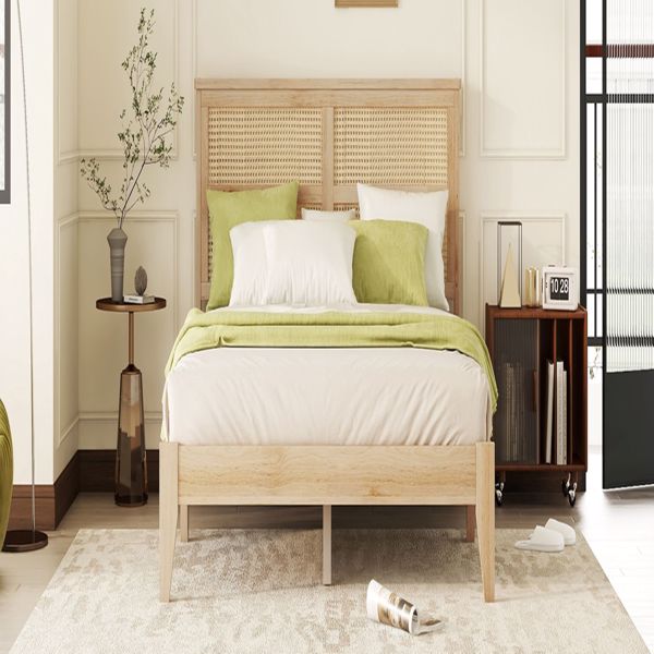 Queen Size Rubber Wooden, Solid Wooden Bed with Rattan Headboard, Enhanced by Support Feet 