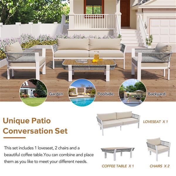 4-Piece Outdoor Patio Conversation Set with Coffee Table and Soft Waterproof Cushions for Garden, Poolside and Backyard(Gray Rope+Beige Cushion)