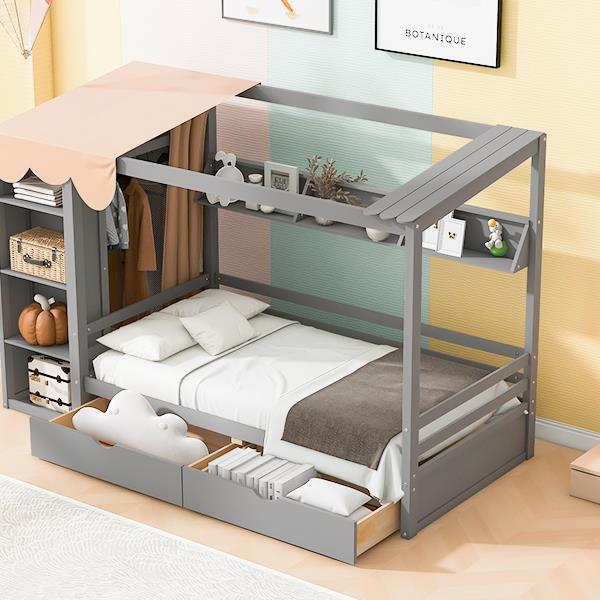 Twin size House Bed with Two Drawers and Wardrobe,Gray