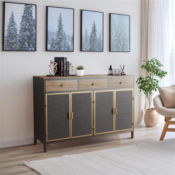 48" Wide  4 Doors Modern Sideboard with 3 Top Drawers,  Sideboard Storage Cabinet Entryway Floor Cabinet for Living Room Office Bedroom