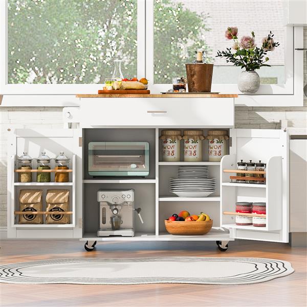 K&K Rolling Kitchen Island with Storage, Kitchen Cart with Rubber Wood Top, Spacious Drawer with Divider and Internal Storage Rack, Kitchen Island on Wheels with Adjustable Shelf Tower Rack, White