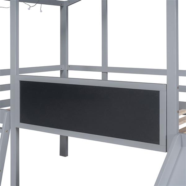 Twin Size Loft Bed with Ladder and Slide, House Bed with Blackboard and Light Strip on the Roof, Gray