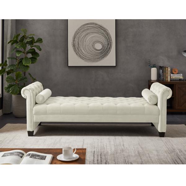 Ivory, Solid Wood Legs Velvet Rectangular Sofa Bench with Attached Cylindrical Pillows