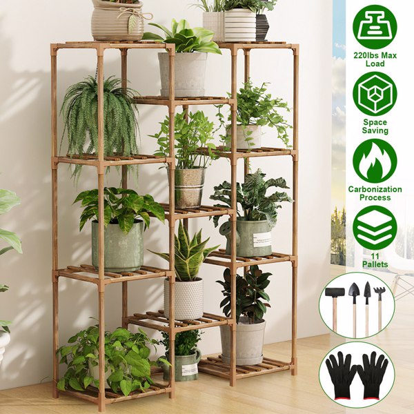 Multi-tier Wooden Plant Stand 11 Potted Flower Display Shelf Rack Vase Holder for Patio Balcony Garden（No shipments on weekends）