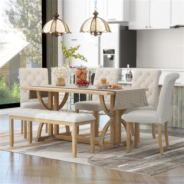 6-Piece Retro Rectangular Dining Table Set, Table with Unique Legs and 4 Upholstered Chairs & 1 Bench for Dining Room and Kitchen (Natural Wood Wash)