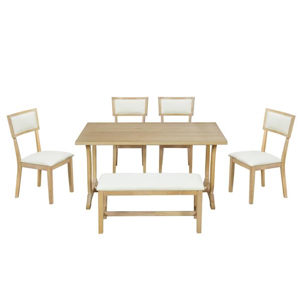 Farmhouse 6-Piece Trestle Dining Table Set with Upholstered Dining Chairs and Bench, 59inch, Brown