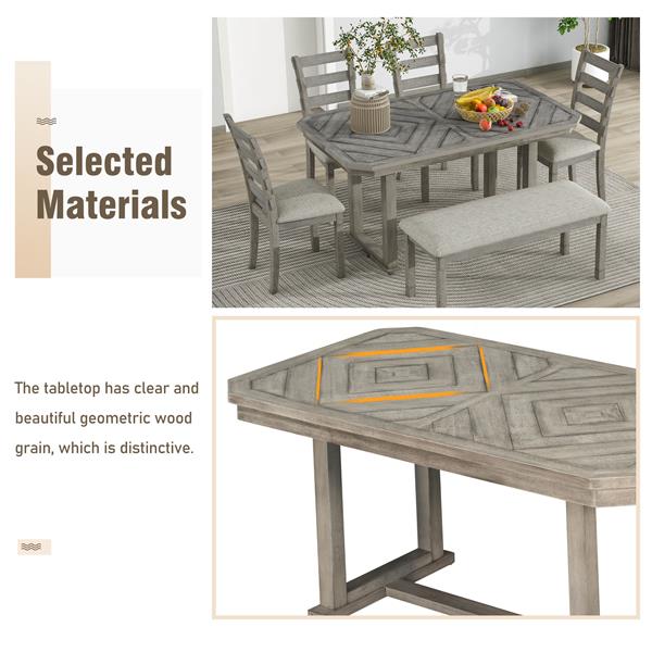 6-Piece Rubber Wood Dining Table Set with Beautiful Wood Grain Pattern Tabletop Solid Wood Veneer and Soft Cushion (Gray)