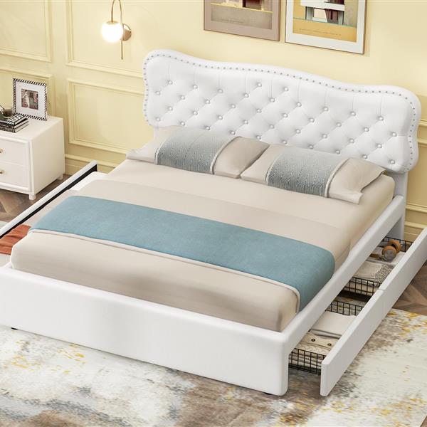 Queen Size Upholstery Platform Bed with Storage Drawers and Trundle,White