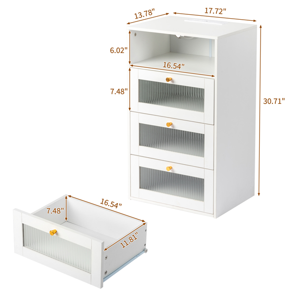 FCH White Hemp Surface Particle Board Changhong Glass 45*35*78cm 3 Drawers 1-Layer Bedside Table Wireless Charging + 2 USB + 2 Sockets Light Strip RGB 16 Colors