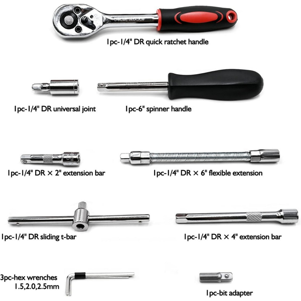 46 Pieces 1/4 inch Drive Socket Ratchet Wrench Set, with Bit Socket Set Metric and Extension Bar for Auto Repairing and Household, with Storage Case，red
