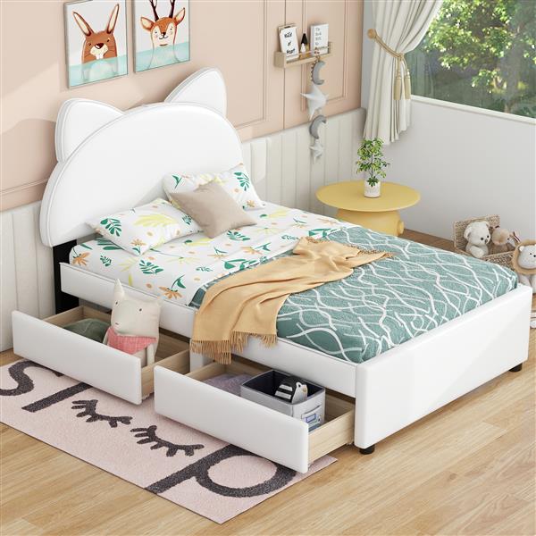 Twin Size Upholstered Platform Bed with Cartoon Ears Shaped Headboard and 2 Drawers, White