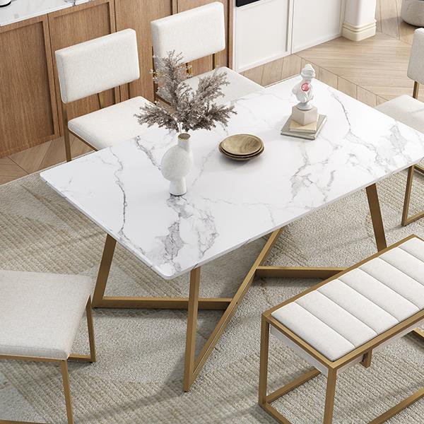 Modern Faux Marble 6-Piece Dining Table Set,60inch Metal Kitchen Table Set with Upholstered Dining Chairs and Bench, Golden